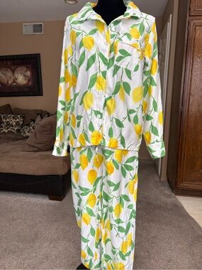 Annie Selke Lemon-Print Pajama Set - White & Yellow size SM
